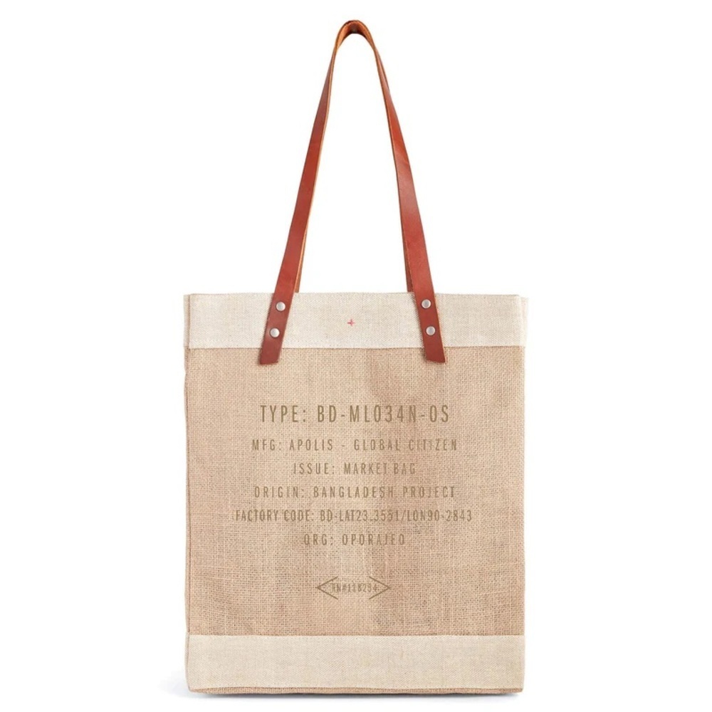 Apolis Global Citizen Market Bag Handcrafted Jute Tote Brown Leather Straps